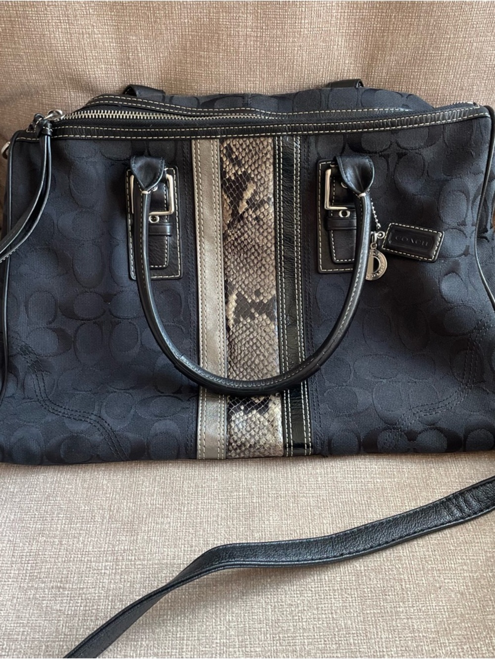 Y2K Coach Purse Black Signature Tote Satchel Crossbody with Snake-Print Accent